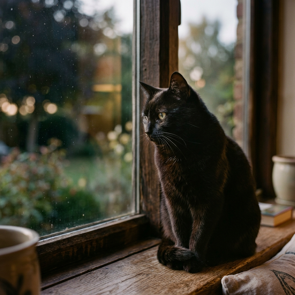 Black cat sitting on wooden windowsill looking out window