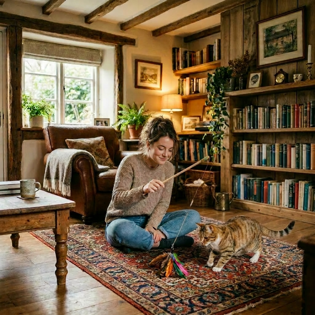 Woman playing with tabby cat on patterned rug in cozy living room