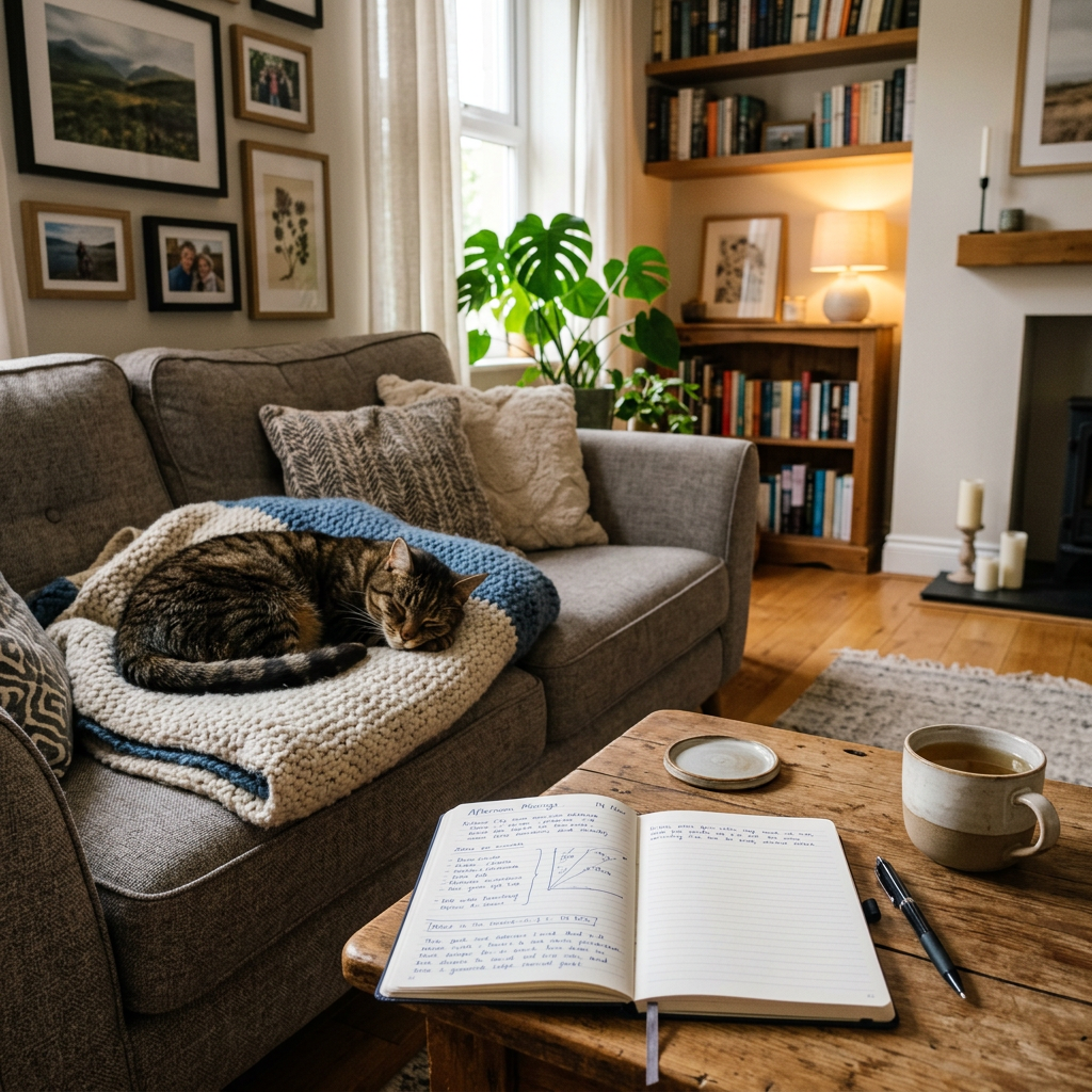 Tabby cat sleeping on a knitted blanket on a gray sofa beside an open journal and a mug on a wooden coffee table