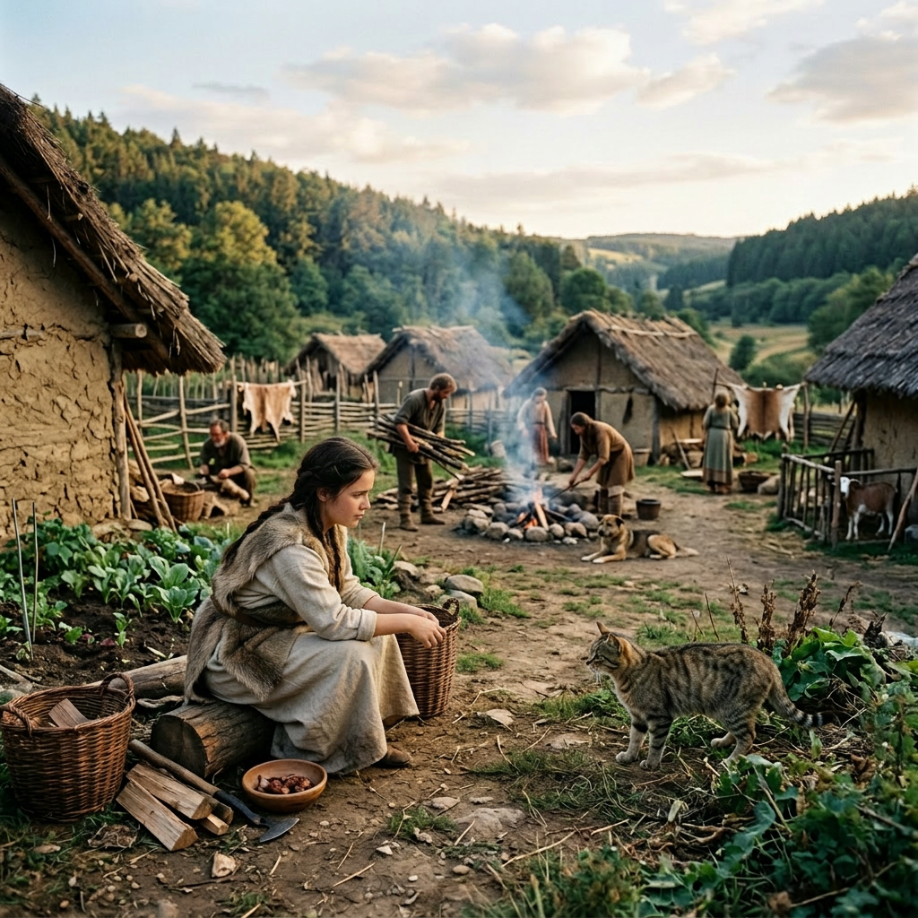 Medieval village with people doing chores and a woman feeding a cat